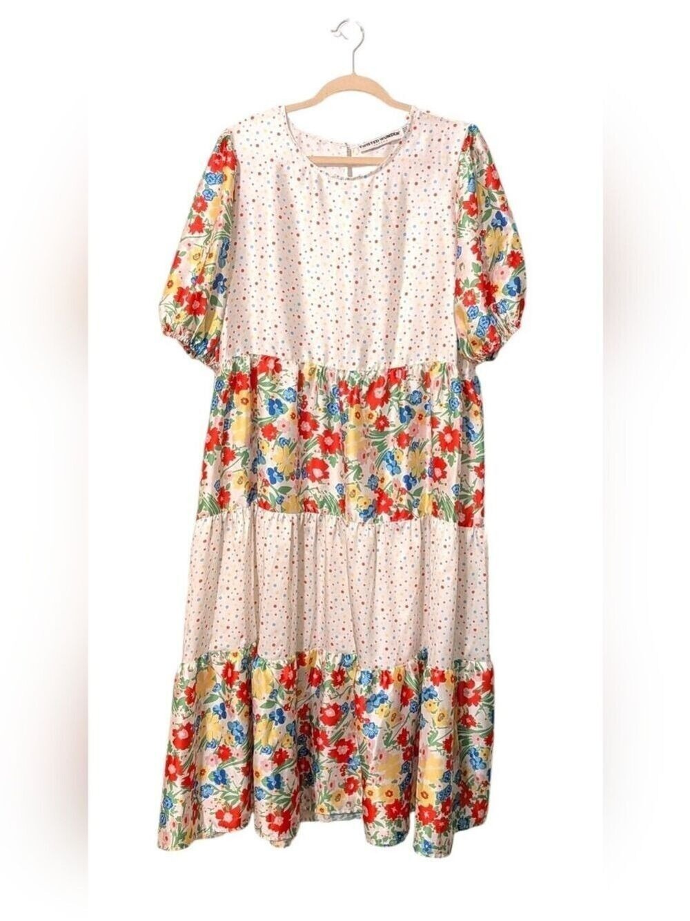 White Multi Floral Maxi Dress Puff Sleeve - Picture 3 of 8